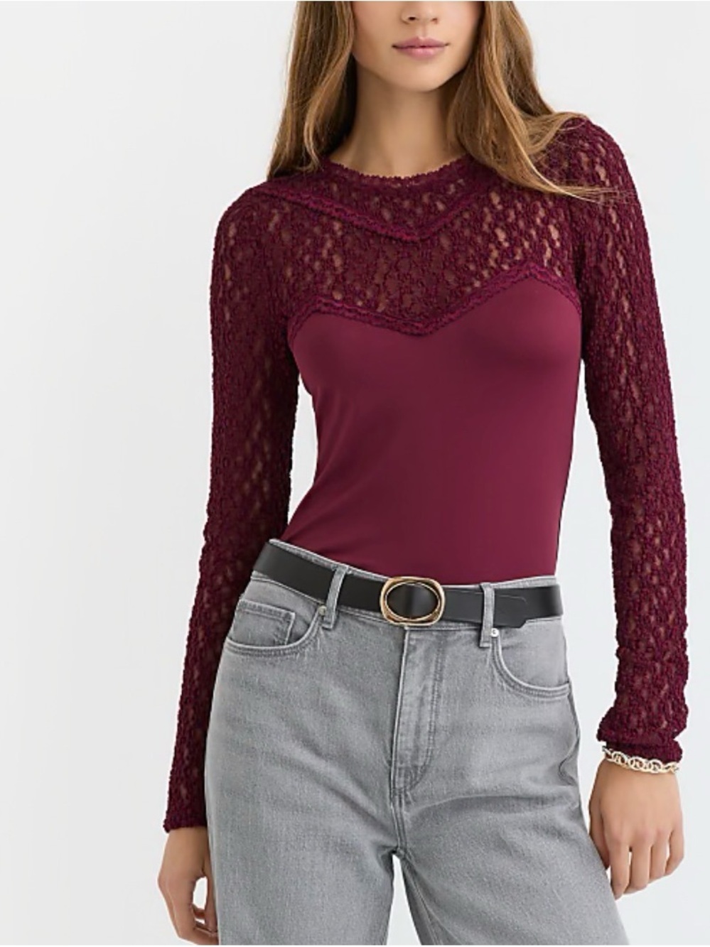 Loft Lace Mixed Media Top Burgundy XL NWT